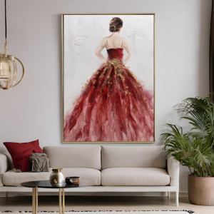 Yağlı Boya Dokulu Kabartmalı Kırmızı Elbiseli Kadın Tablo 70x100cm