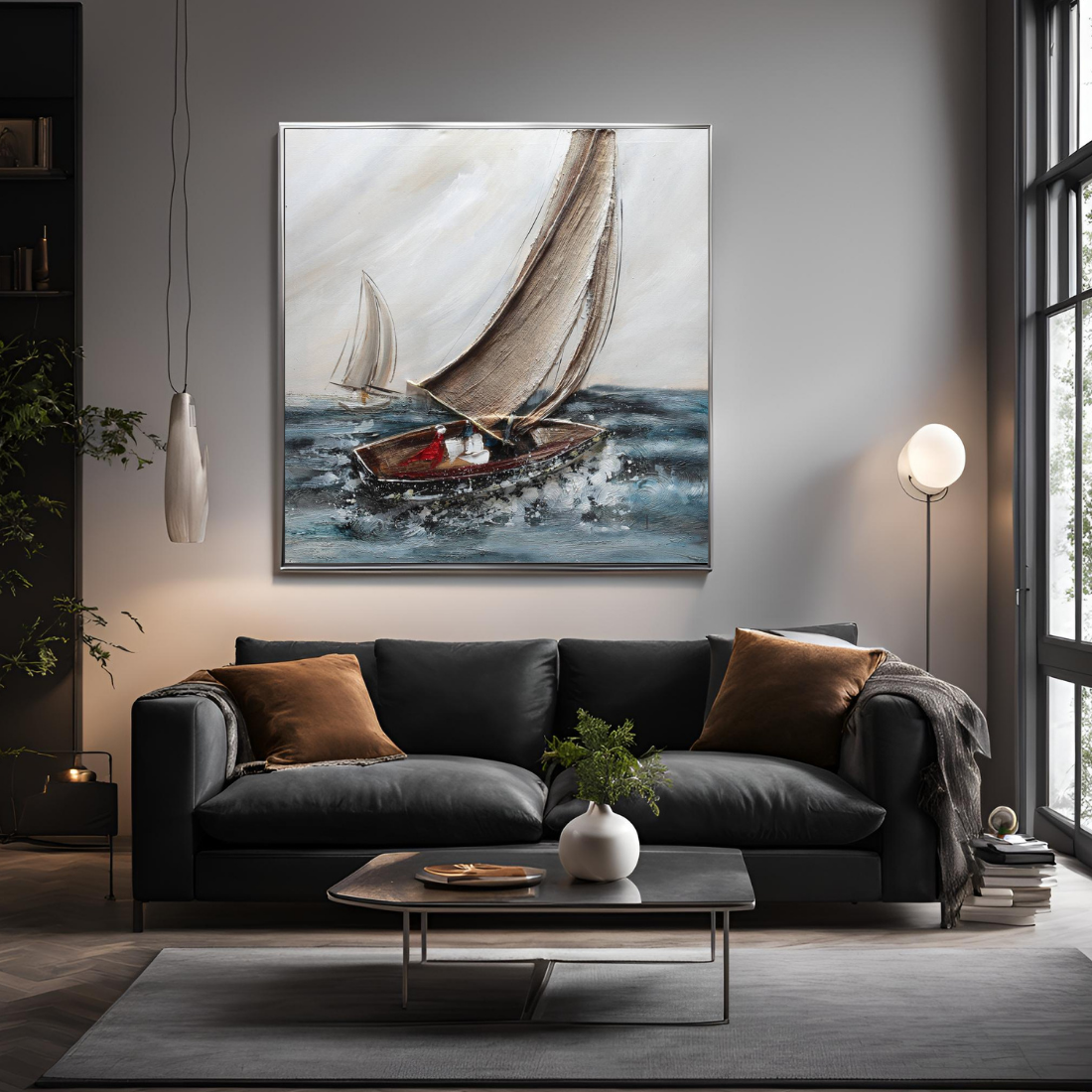 Yağlı Boya Dokulu Kabartmalı Fırtınada Yelkenli Tablo 90x90cm