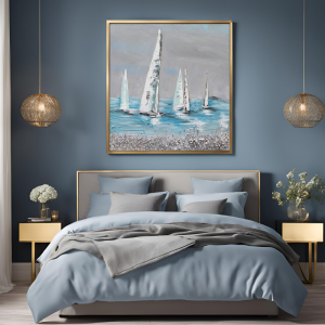 Yağlı Boya Dokulu Kabartmalı Mavi Tonlu Yelken Tablo 90x90cm