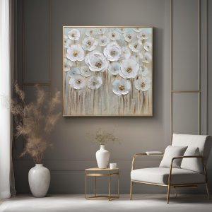 Yağlı Boya Dokulu Kabartmalı Gold Detaylı Çiçekler Tablo 90x90cm