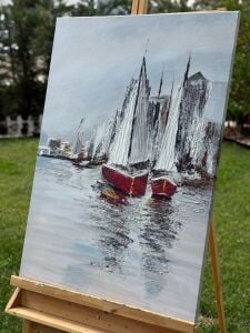 Yağlı Boya Dokulu Kabartmalı Kırmızı Yelkenler Tablo 70x100cm