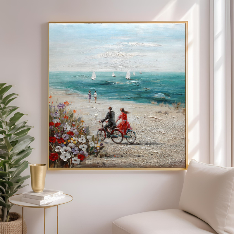 Yağlı Boya Dokulu Kabartmalı Sahil Yolculuğu Tablo 90x90cm