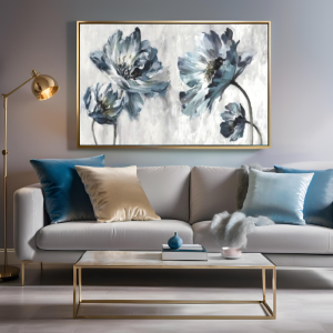 Yağlı Boya Dokulu Kabartmalı Soğuk Mavi Çiçekler Tablo 70x100cm