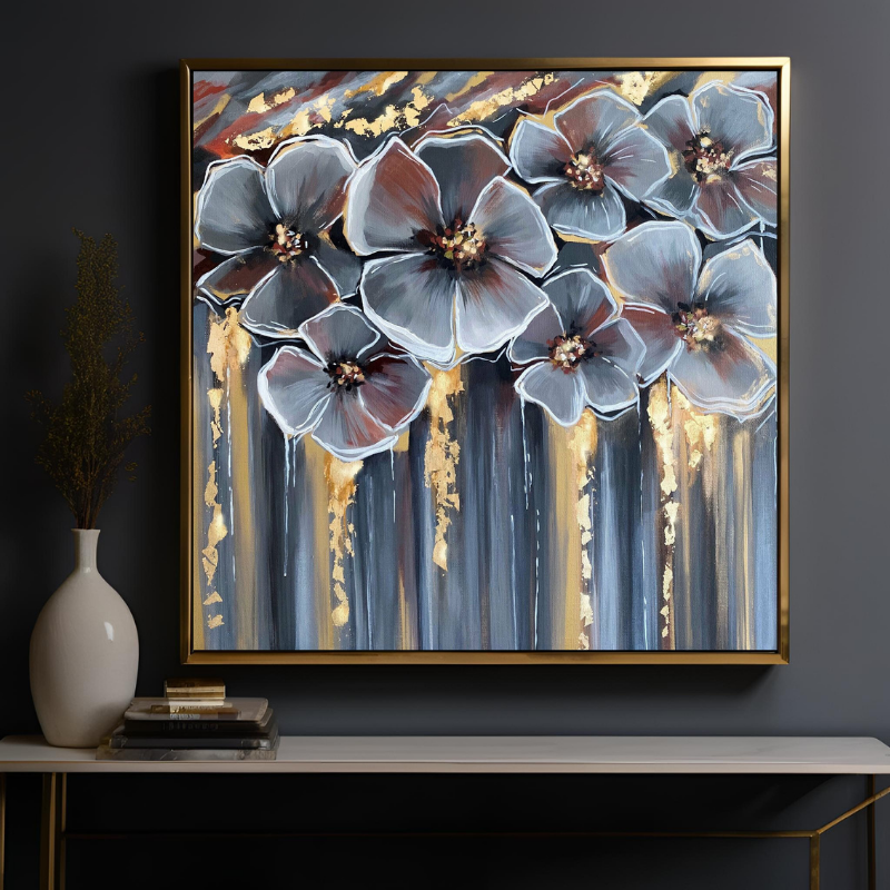 Yağlı Boya Dokulu Kabartmalı Altın Detaylı Çiçekler Tablo 90x90cm