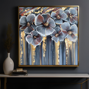 Yağlı Boya Dokulu Kabartmalı Altın Detaylı Çiçekler Tablo 90x90cm