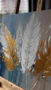 Yağlı Boya Dokulu Kabartmalı Gold Beyaz Tüyler Tablo
