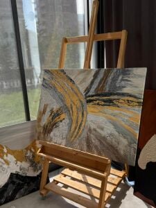 Yağlı Boya Dokulu Kabartmalı Altınlı Soyut Tablo 90x90cm