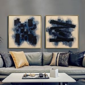 Yağlı Boya Dokulu Kabartmalı Lacivert Soyut İkili Set Tablo 70x70cm