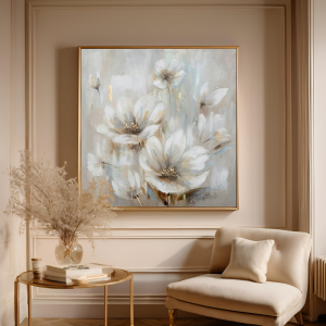 Yağlı Boya Dokulu Kabartmalı Krem Tonlu Çiçekler Tablo 90x90cm