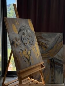 Yağlı Boya Dokulu Kabartmalı Altın Detaylı Çiçek Tablo 70x100cm