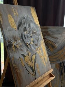 Yağlı Boya Dokulu Kabartmalı Altın Detaylı Çiçek Tablo 70x100cm
