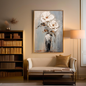 Yağlı Boya Dokulu Kabartmalı Saksıda Krem Çiçekler Tablo 70x100cm