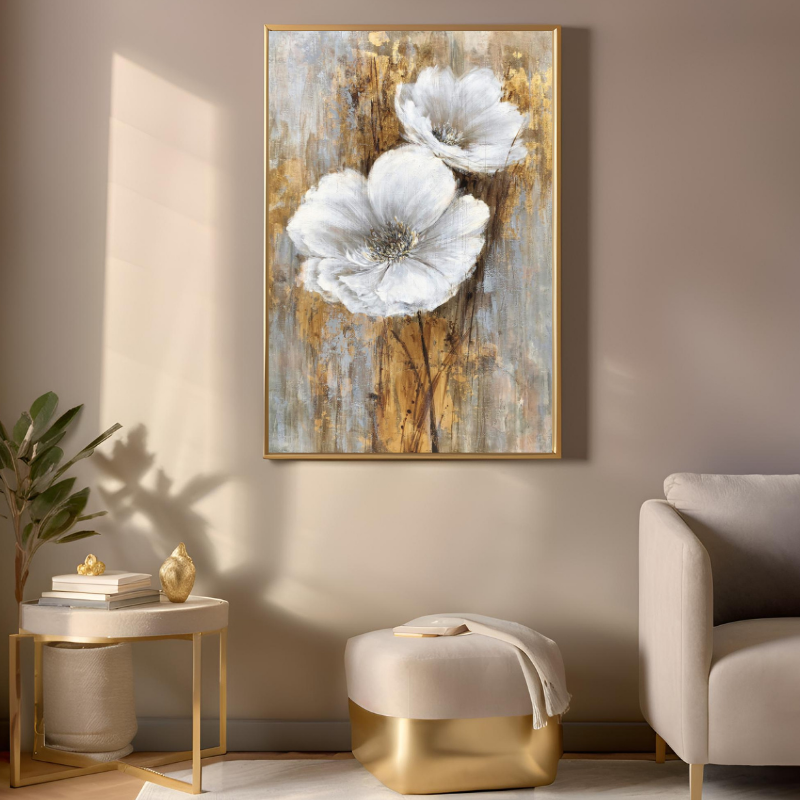 Yağlı Boya Dokulu Kabartmalı Altın Detaylı Çiçekler Tablo 70x100cm