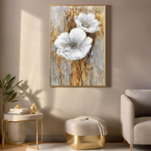 Yağlı Boya Dokulu Kabartmalı Altın Detaylı Çiçekler Tablo 70x100cm