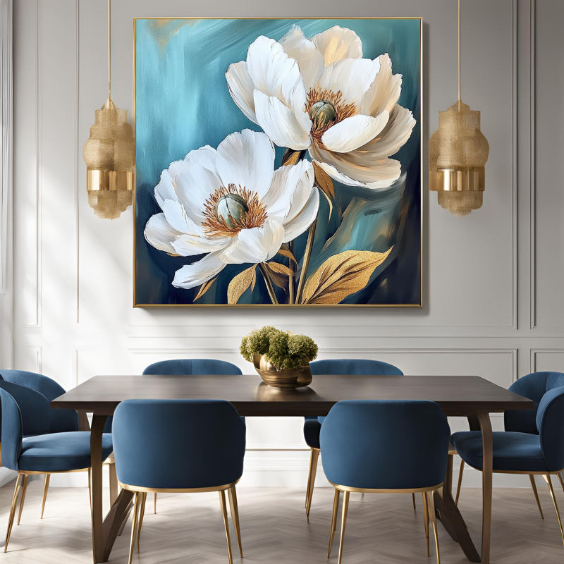 Yağlı Boya Dokulu Kabartmalı Altınlı Krem Çiçekler Tablo 90x90cm