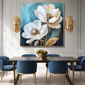 Yağlı Boya Dokulu Kabartmalı Altınlı Krem Çiçekler Tablo 90x90cm