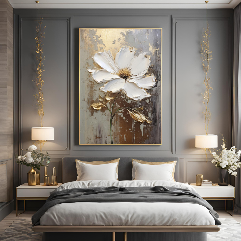 Yağlı Boya Dokulu Kabartmalı Altınlı Beyaz Çiçek Tablo 70x100cm