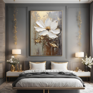 Yağlı Boya Dokulu Kabartmalı Altınlı Beyaz Çiçek Tablo 70x100cm