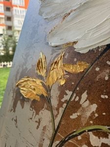 Yağlı Boya Dokulu Kabartmalı Altınlı Beyaz Çiçek Tablo 70x100cm