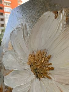 Yağlı Boya Dokulu Kabartmalı Altınlı Beyaz Çiçek Tablo 70x100cm