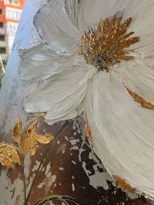 Yağlı Boya Dokulu Kabartmalı Altınlı Beyaz Çiçek Tablo 70x100cm