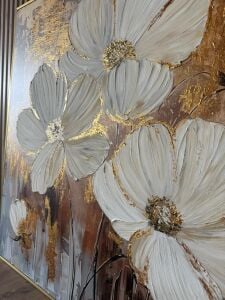 Yağlı Boya Dokulu Kabartmalı Altınlı Çiçekler Tablo 90x90cm