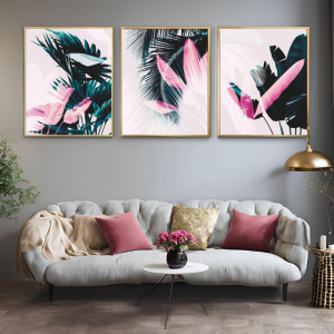 Üçlü Kanvas Tuval Tablo Seti Pink Leaves Kod: EYL71