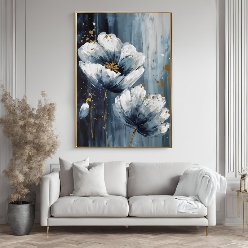 Yağlı Boya Dokulu Kabartmalı Soğuk Mavi Çiçekler Tablo 70x100cm