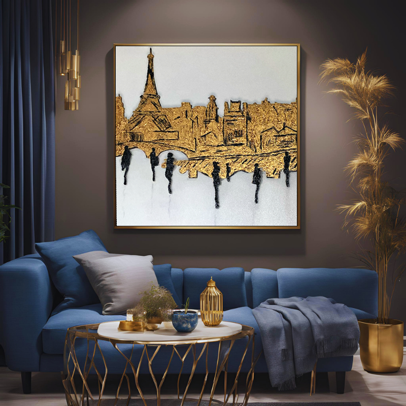 Yağlı Boya Dokulu Kabartmalı Paris'te İnsanlar Tablosu 90x90cm