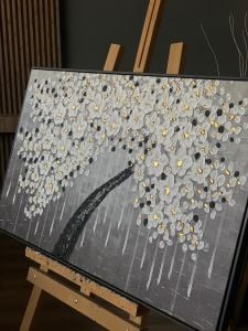 Yağlı Boya Dokulu Beyaz Hayat Ağacı Tablosu 70x120cm