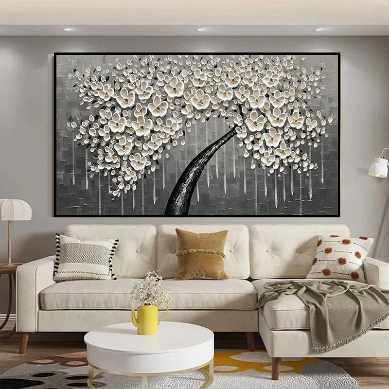 Yağlı Boya Dokulu Beyaz Hayat Ağacı Tablosu 70x120cm