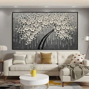 Yağlı Boya Dokulu Beyaz Hayat Ağacı Tablosu 70x120cm