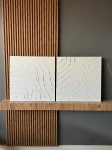 Yağlı Boya Dokulu Kabartmalı Beyaz Soyut Çizgiler İkili Set Tablo