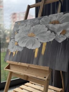 Yağlı Boya Dokulu Kabartmalı Gri Beyaz Çiçek Tablo