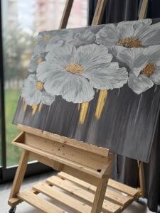 Yağlı Boya Dokulu Kabartmalı Gri Beyaz Çiçek Tablo