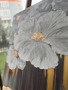 Yağlı Boya Dokulu Kabartmalı Gri Beyaz Çiçek Tablo