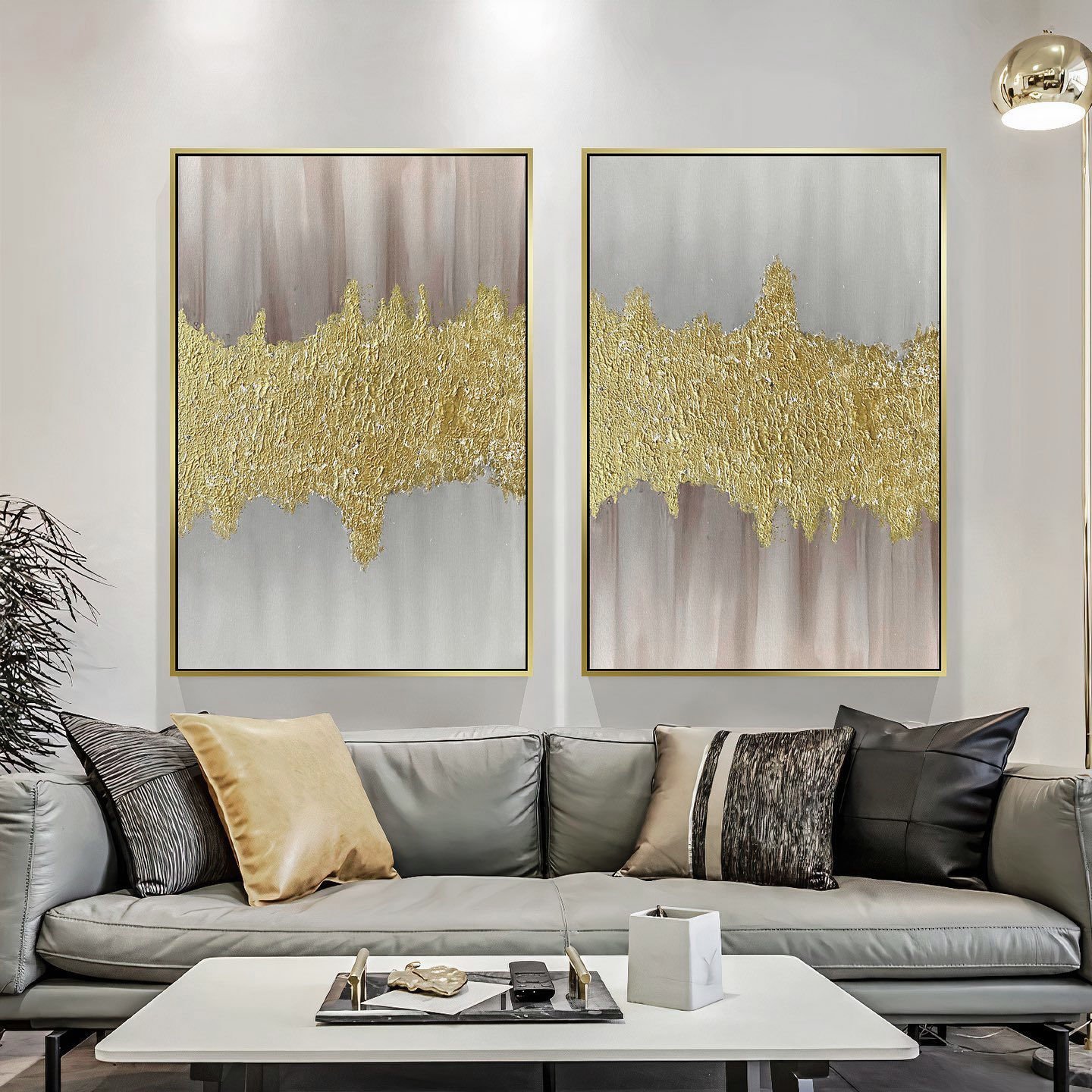 Yağlı Boya Dokulu Kabartmalı Altın Pudra İkili Tablo 50x70cm
