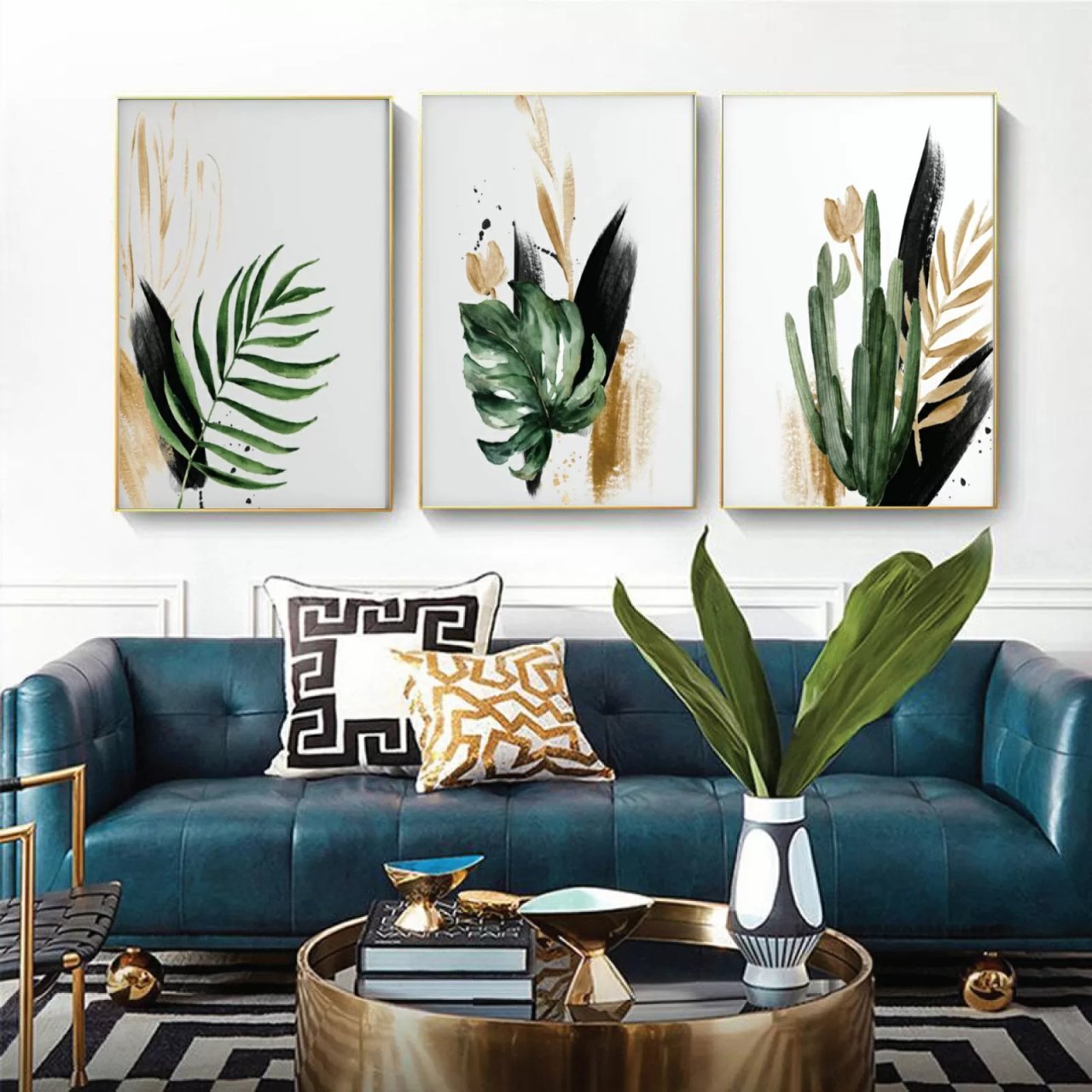 Üçlü Kanvas Tuval Tablo Seti Yeşil Altın Yapraklar Kod: 3289-K