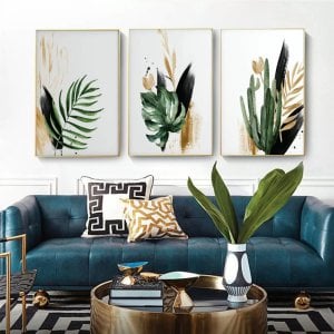 Üçlü Kanvas Tuval Tablo Seti Yeşil Altın Yapraklar Kod: 3289-K