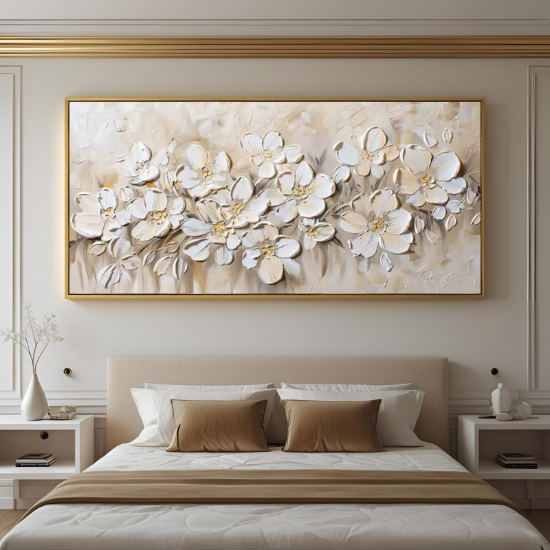 Yağlı Boya Dokulu Kabartmalı Krem Bej Tonlu Çiçekler Tablo 70x120cm