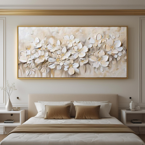 Yağlı Boya Dokulu Kabartmalı Krem Bej Tonlu Çiçekler Tablo 70x120cm