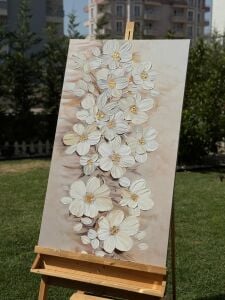 Yağlı Boya Dokulu Kabartmalı Krem Bej Tonlu Çiçekler Tablo 70x120cm