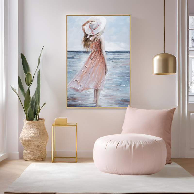 Yağlı Boya Dokulu Kabartmalı Deniz Kıyısındaki Kadın Tablo 70x100cm