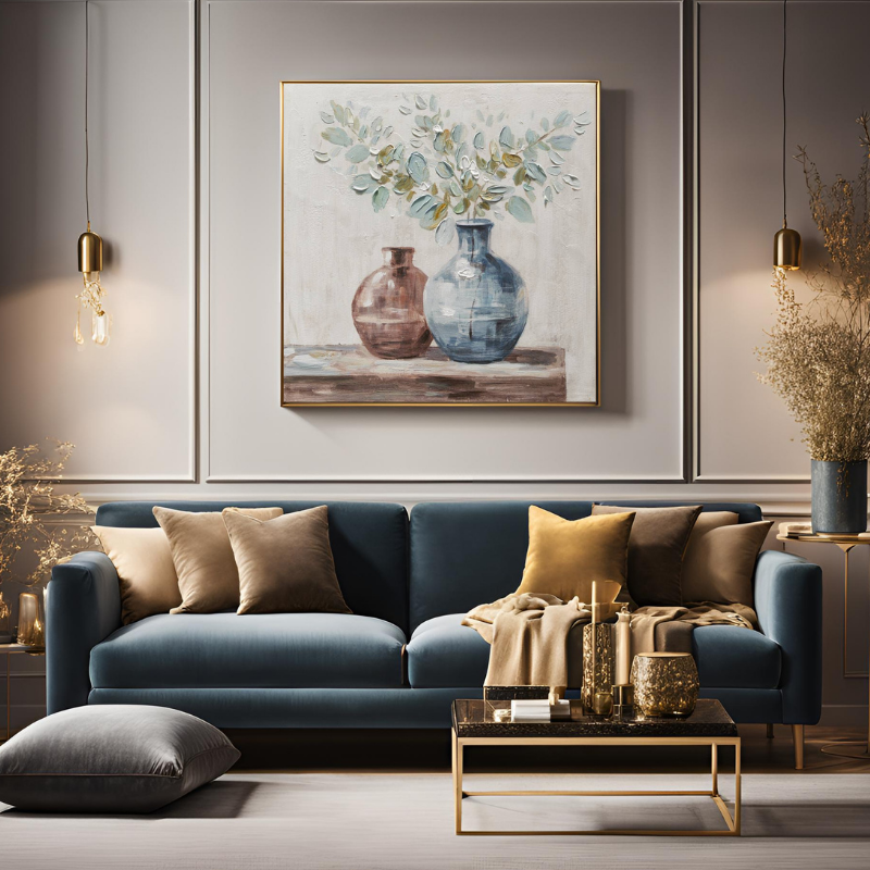 Yağlı Boya Dokulu Kabartmalı Vazoda Pastel Ton Çiçekler Tablo 90x90cm