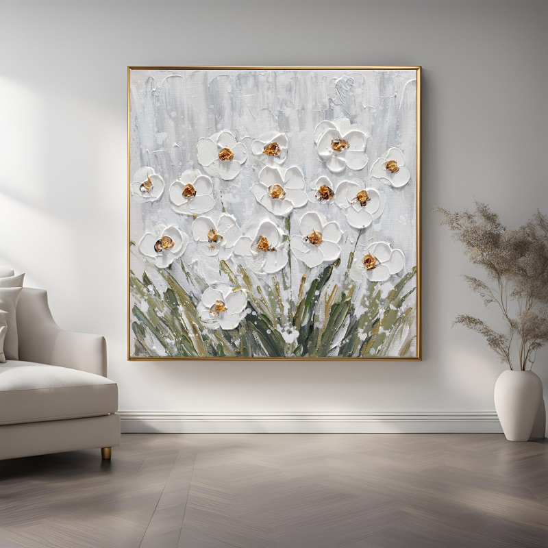 Yağlı Boya Dokulu Kabartmalı Beyaz Çiçekler Tablo 90x90cm