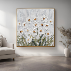 Yağlı Boya Dokulu Kabartmalı Beyaz Çiçekler Tablo 90x90cm