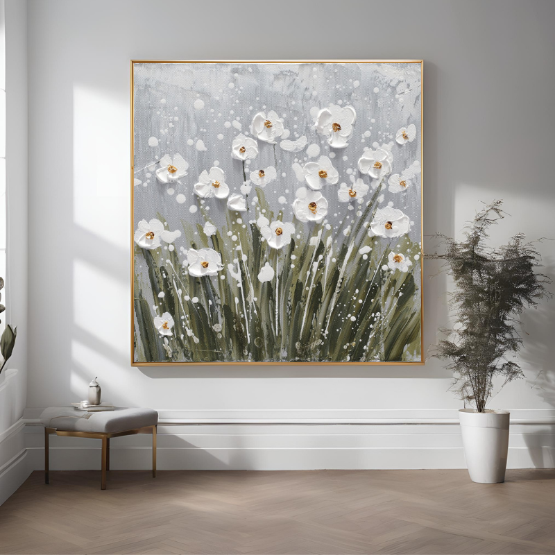 Yağlı Boya Dokulu Kabartmalı Beyaz Minimal Çiçekler Tablo 90x90cm