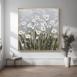 Yağlı Boya Dokulu Kabartmalı Beyaz Minimal Çiçekler Tablo 90x90cm