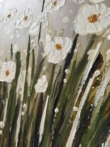 Yağlı Boya Dokulu Kabartmalı Beyaz Minimal Çiçekler Tablo 90x90cm