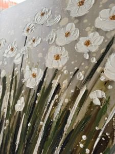 Yağlı Boya Dokulu Kabartmalı Beyaz Minimal Çiçekler Tablo 90x90cm